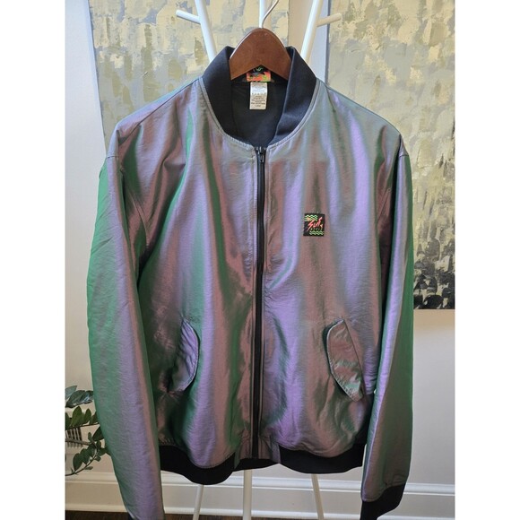 Vintage Surf Style Jacket Mens Sz L Iridescent Purple Y2K Retro Full Zip Bomber - Picture 7 of 14